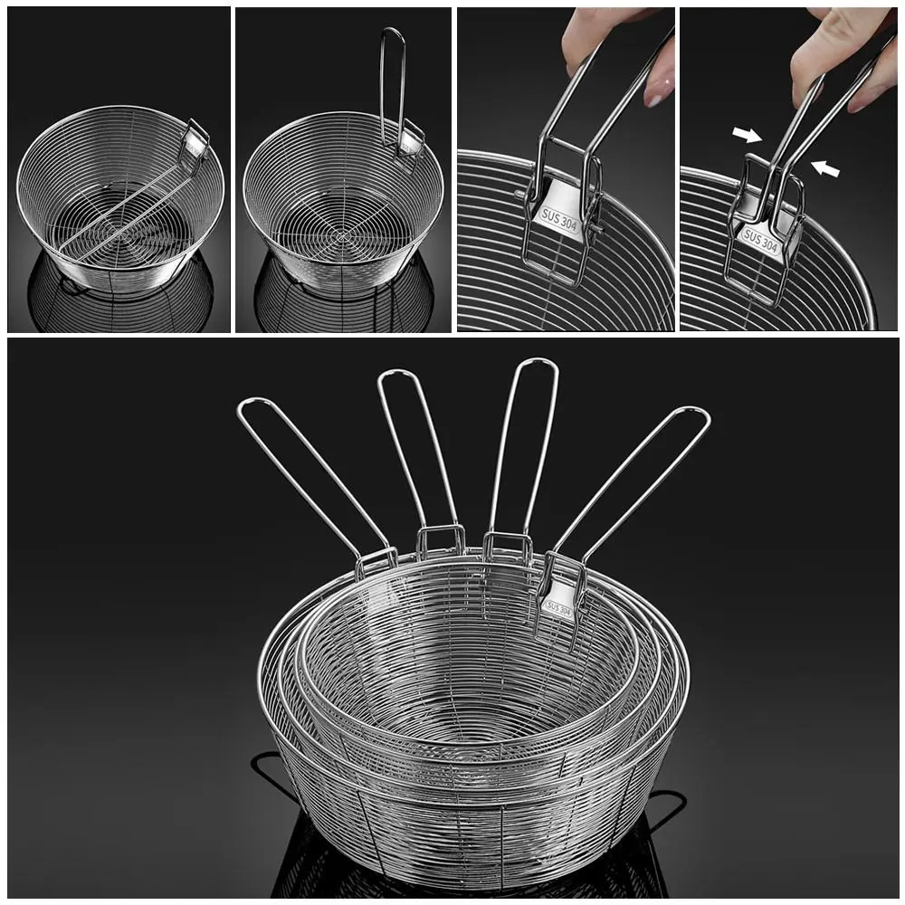 

304 Stainless Steel Frying Strainer Basket Round Fryer Filter Strainer Food Strainer Handle Wire Colander Nets Deep Fry Basket