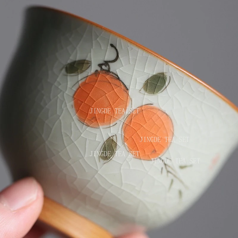 1pc Persimmon Tea Cup Chinese Small Capacity Tea Cup Home Underglaze Color Ice Cracked Glaze Master Cup Drinking Utensils