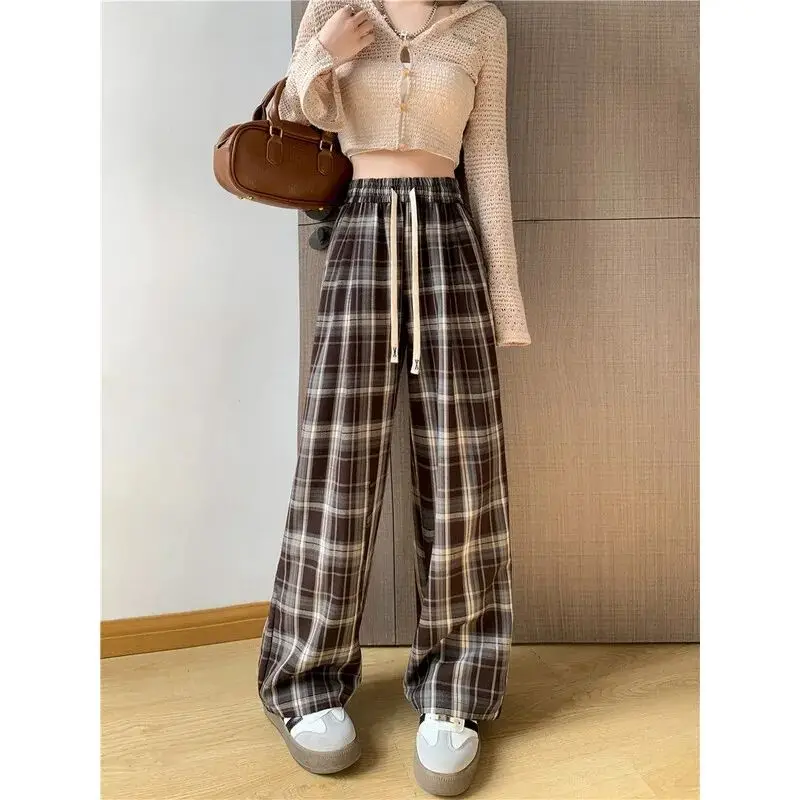 Women's Spring Summer Striped Solid Plaid Elastic Pocket High Waisted Loose Casual Sports Wide Leg Trousers Office Lady Pants