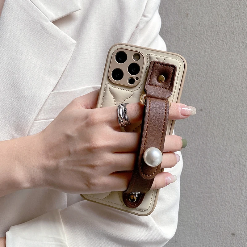Fashion PU Leather Pearl Wrist Strap Stand Case For iPhone