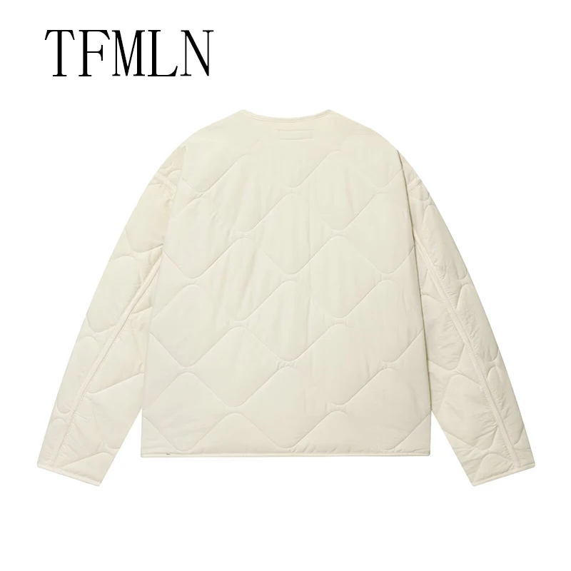 TFMLN Women's Autumn Cotton Jacket 2025 New Arrival Vintage O-Neck Large Pocket Decorative Quilted Coat for Women