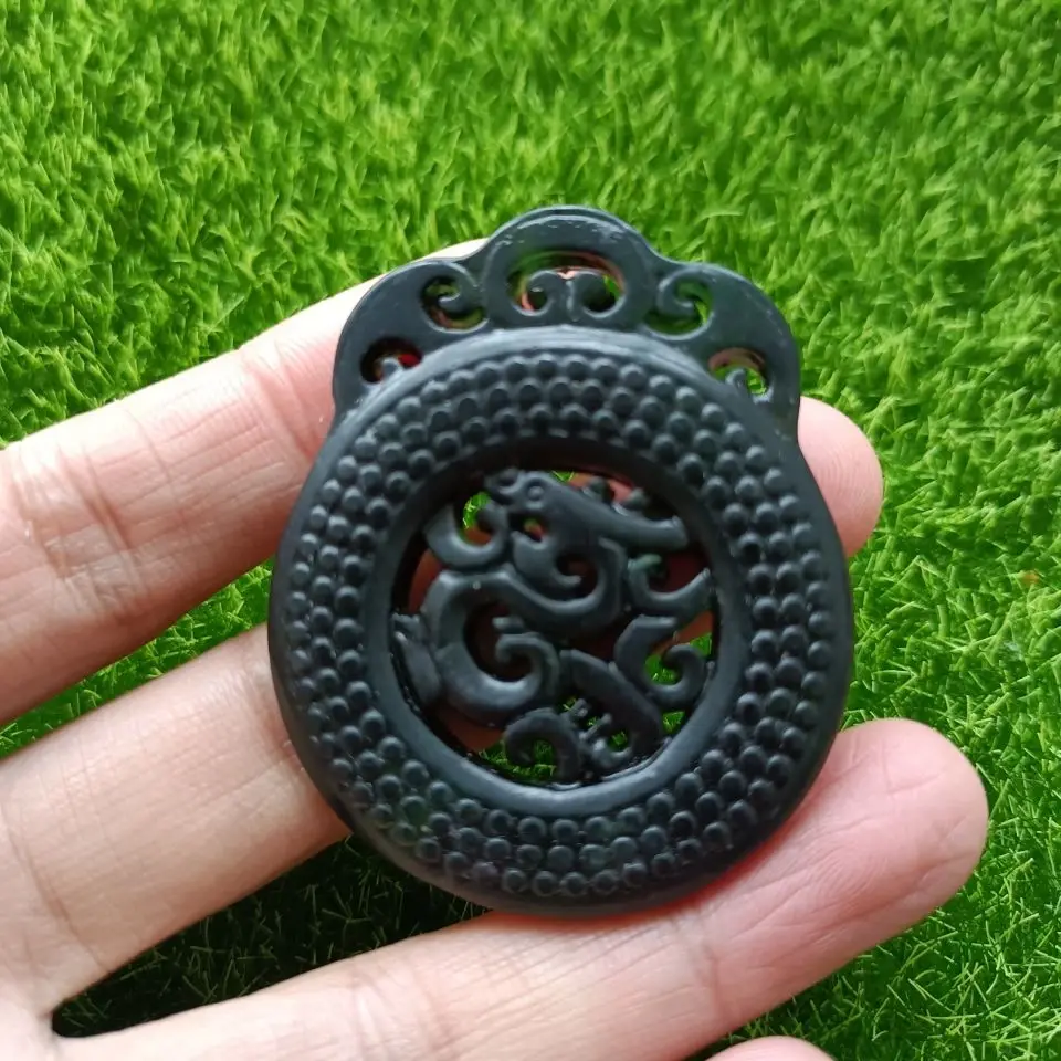 

Natural Dark Green Jade Double-sided Carved Antique Dragon Pendant for Men and Women Shuanglong Yu Pei Hanfu Waist Pendant