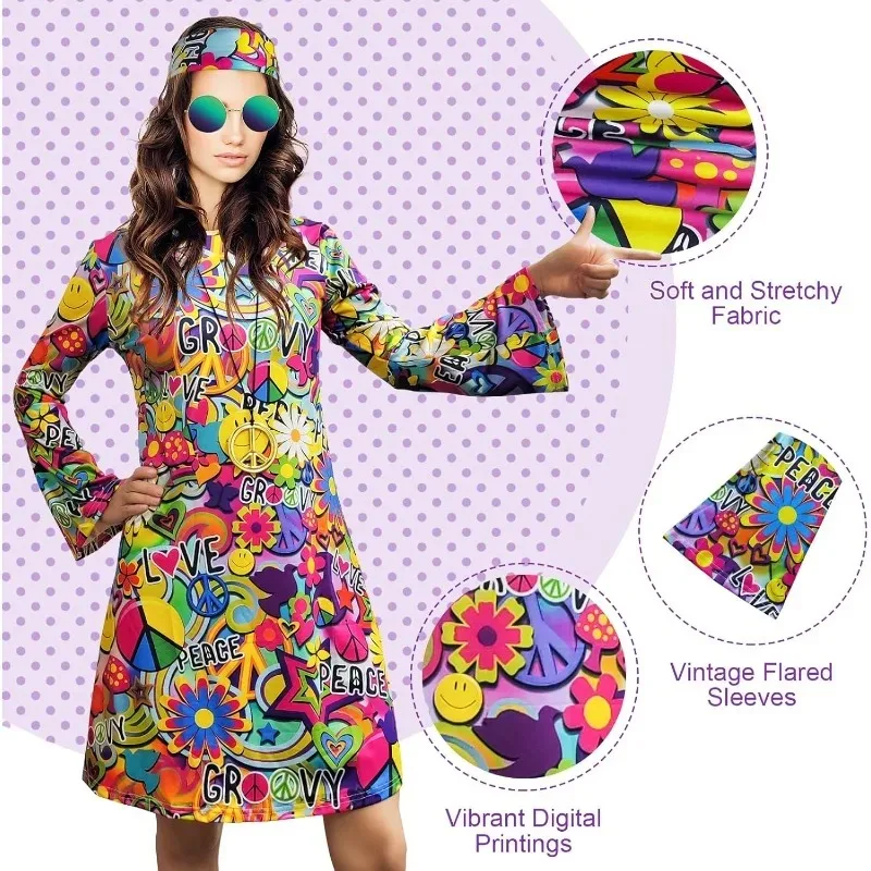 Ulikey Disfraz Hippie Mujer Años 70, Vestido Hippie De Los Años 60, 70 Con Accesorios, Disfraz De Los Años 60 Y 70 Para Mujer, Ropa Hippie Disco Para Carnaval Fiesta Cosplay Halloween