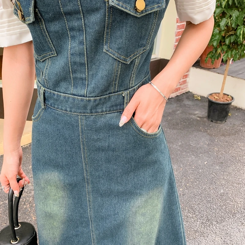 

Age Reducing Set Denim Strap Long Dress for Women Summer Blue Commuter 2023 New Bubble Sleeve Layover Shirt Two Piece Set