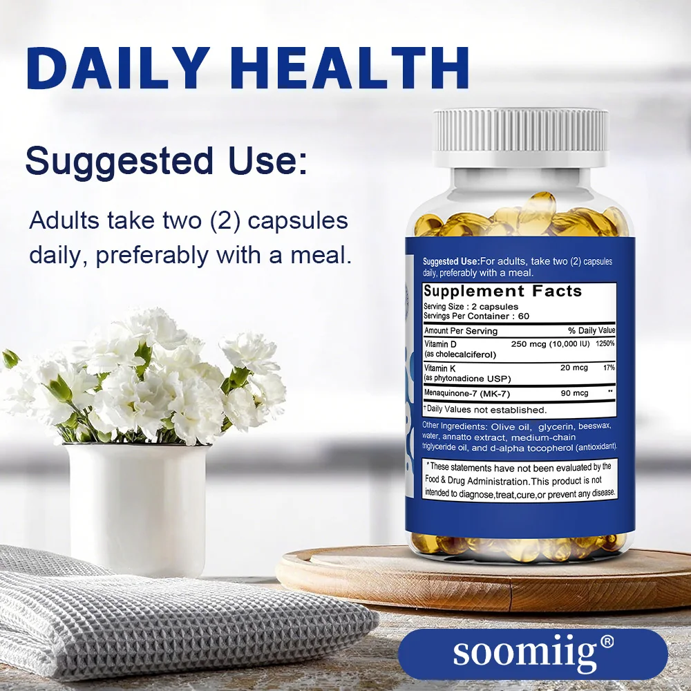 Vitamin D3 10000 IU + K2 Mk7 Capsules 120pcs for Bone, Heart Health & Immune Support, Non-GMO, Vegan, Enhanced Absorption