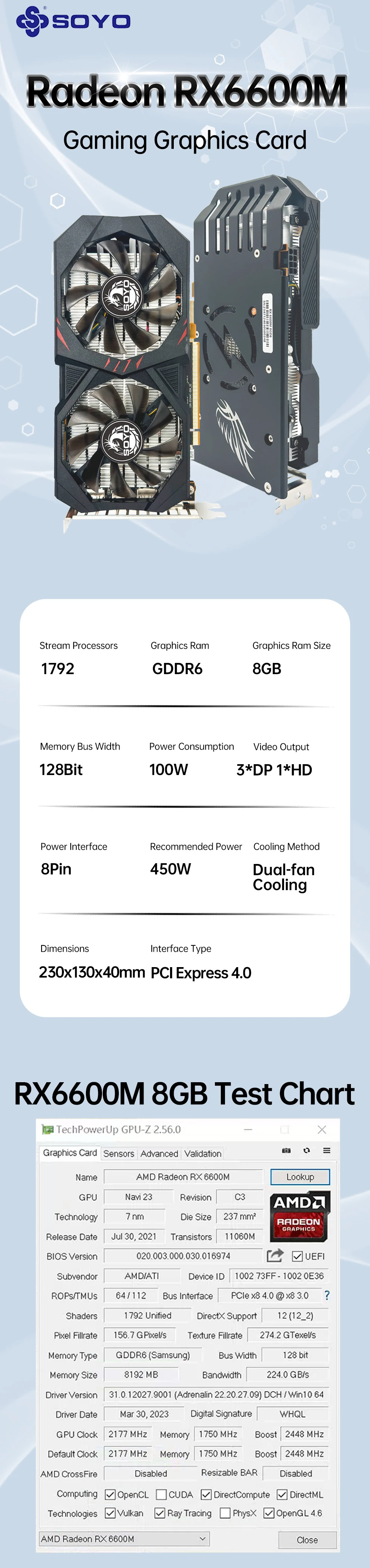 Description Picture 2 of itemSOYO new AMD placa de video Radeon RX6600 RX6600M 8GB 8Pin 128Bit DDR6 PCIE4.0x8 Gaming Graphics Card for Desktop Computer GPU