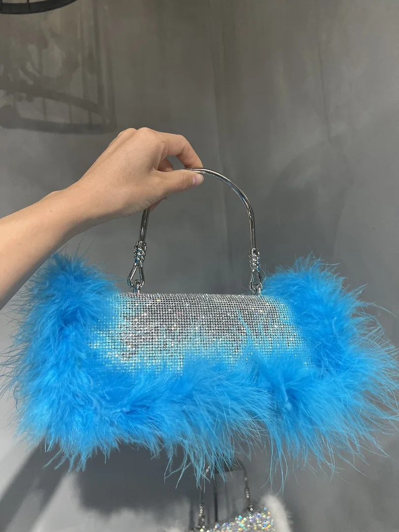 

Ostrich Feather Square Bag Women's Handbag Crystal Shiny Rhinestone Diamond Evening Bag Dinner Party Clutch Purse Shoulder Bag
