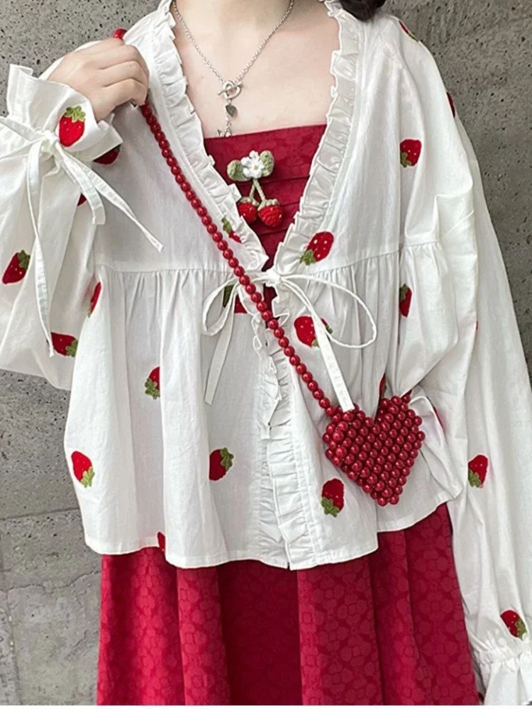 Women Sunscreen Shirt Preppy Style Summer Kawaii Strawberry Embroidery Cardigan Kimono Blouse Bandage Ruffle Blusas Loose Tops