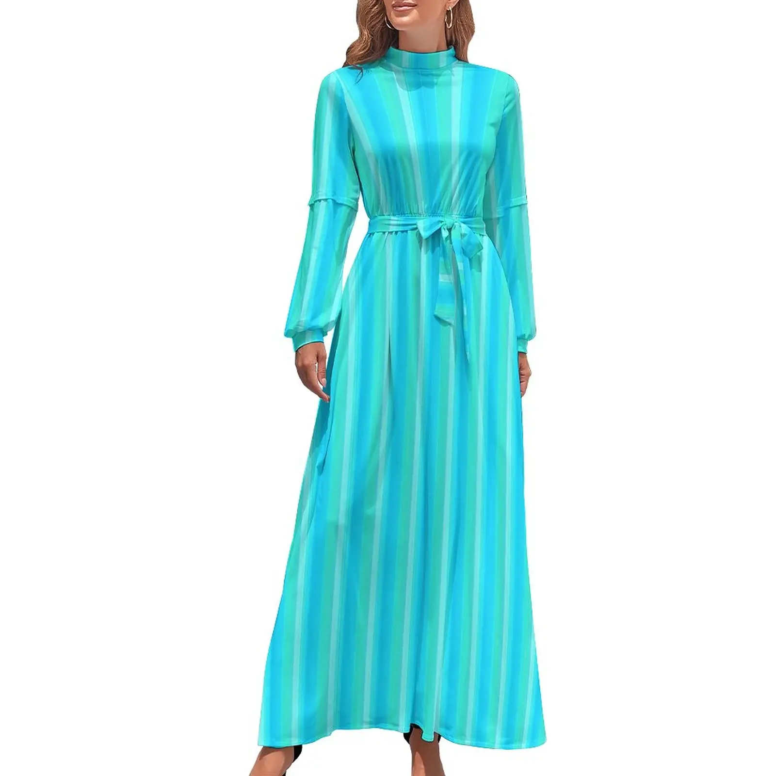 

Abstract Striped Dress High Waist Blue And Green Custom Bohemia Dresses Long Sleeve Street Style Long Maxi Dress Kawaii Clothing