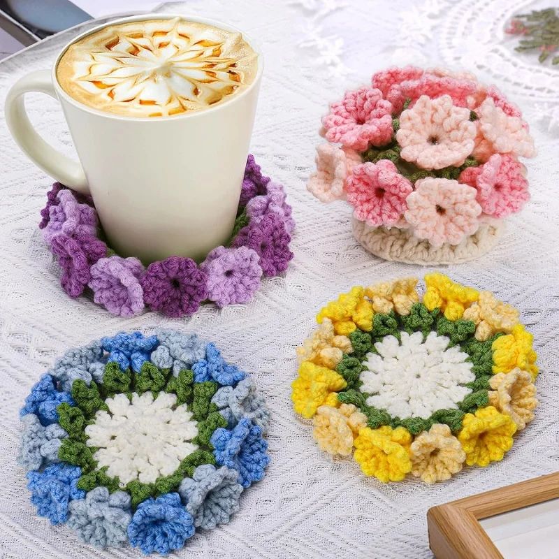 BUDDUR 4Pcs Flower Coaster Crochet Knitting Kit With Manual And Cotton Yarn Thread DIY Handmade Craft Accessories Tools Set