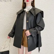 

2022 Women Leather Winter New Style Lace-Up Waist Fashion Navy Collar Jacket H6