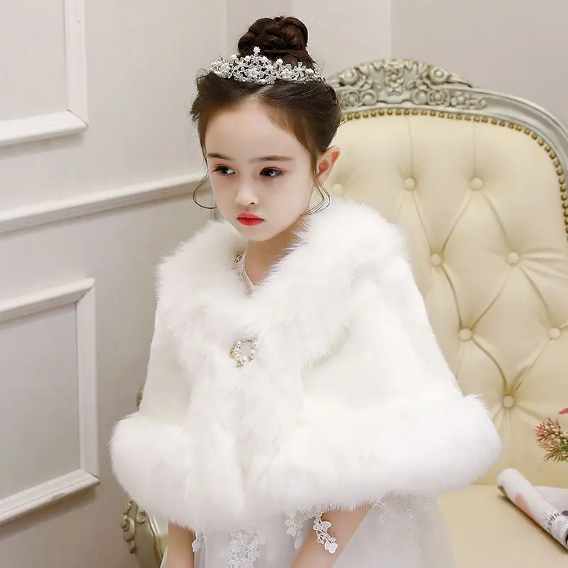 Winter Thicker Cloak Girls Kids New Year Costume Warm Children Faux Fur Hooded Shawl Cloak Red White Coat For Girls Kids 3-13T