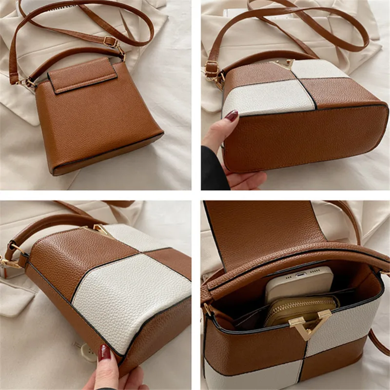 Luxury Color Blocking PU Leather Women handbag Messenger Bag Chic Small Shoulder Crossbody Bag Fashion V Letter Bucket Tote Bag