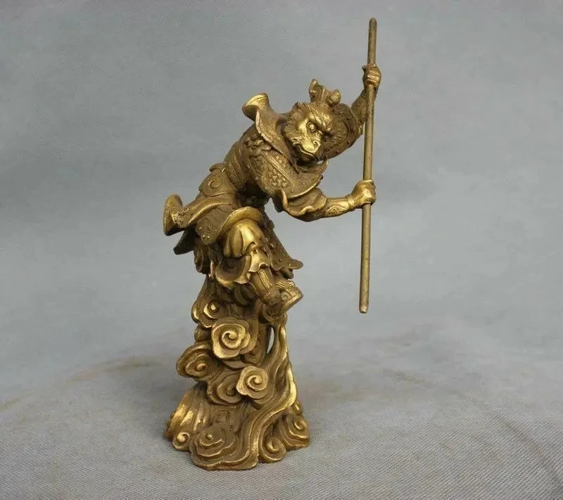 

China Myth Bronze Sun Wukong Monkey King Hold Stick Fight Statue