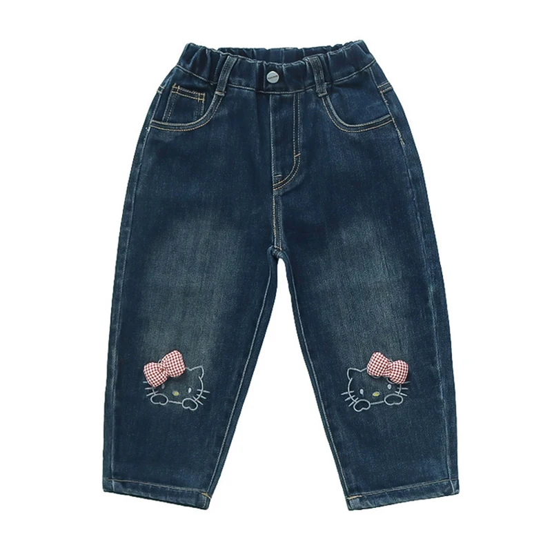 سراويل جينز للفتيات للربيع والخريف، سراويل كاجوال فضفاضة مستقيمة على شكل كارتون هيلو كيتي للأطفال من عمر 2 إلى 8 سنوات، ملابس أطفال