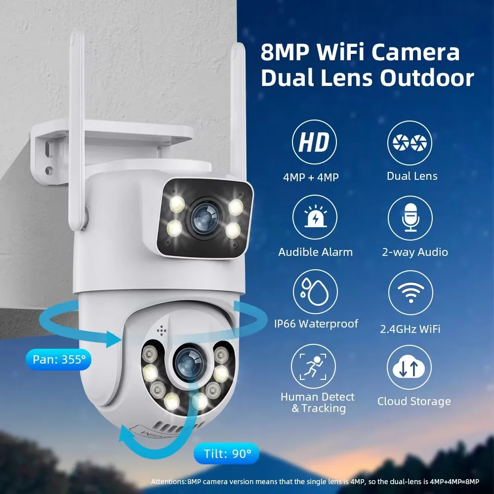 Gadinan PTZ 듀얼 렌즈 WIFI IP 카메라 시스템 양방향 오디오 무선 HD 8MP 컬러 야간 투시경 보안 감시 카메라 XMEye