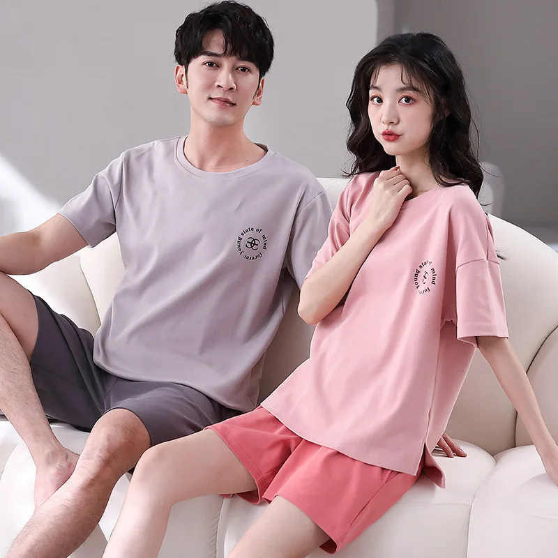 Summer 100% Cotton Couple Printed Men's Pyjamas Short Pajamas Set Casual Women Sleepwear Pyjamas Night Pijamas 3XL Homewear