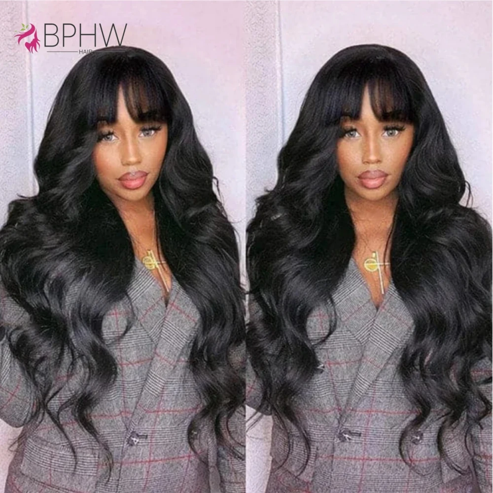 Body Wave Human Hair Wigs With Bangs Glueless Pre Plucked Machine Made