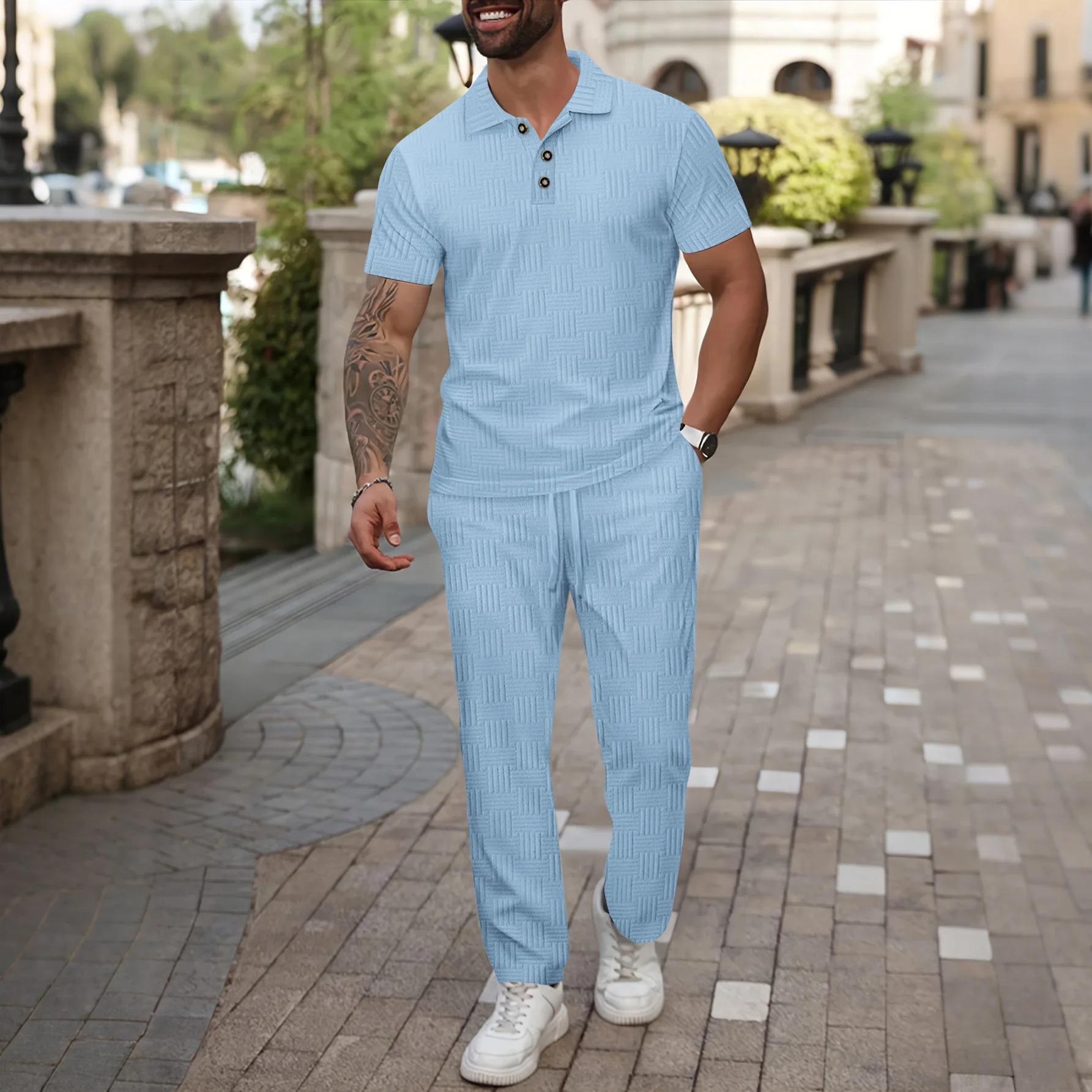 Mens Solid Color Polo Shirt And Long Pants Casual Set