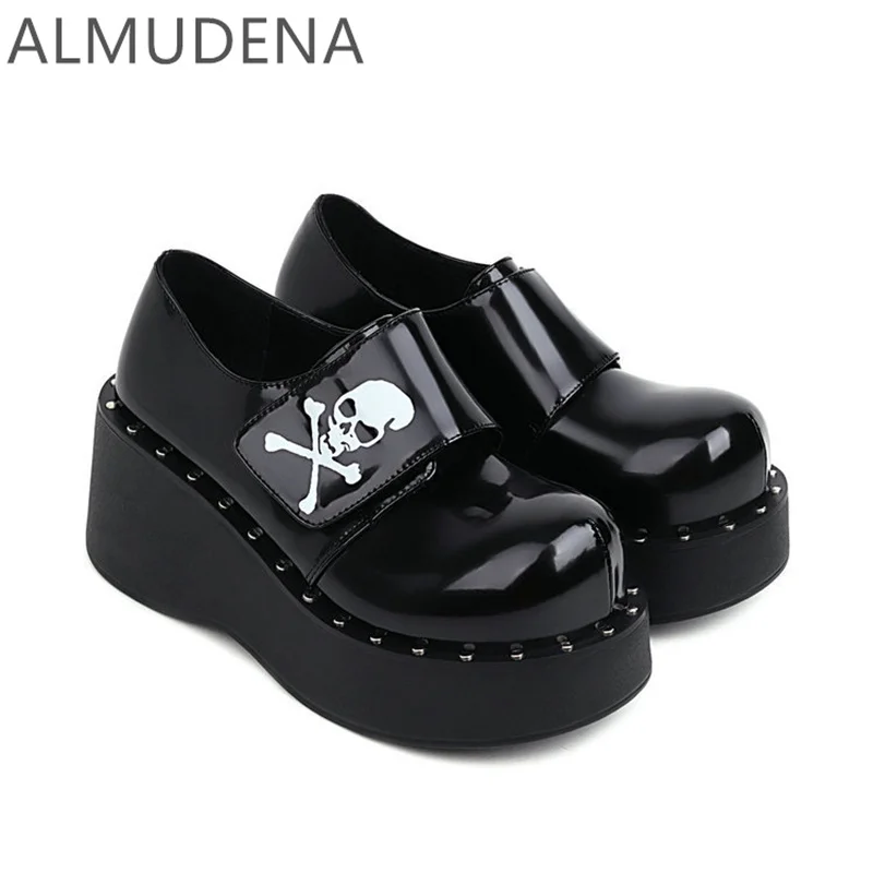 

Wedges Women Mary Janes Pumps High Heel Thick Sole Hook Loop Shoes Punk Skull Print Solid Patent Leather Shoes Leisure Shoes