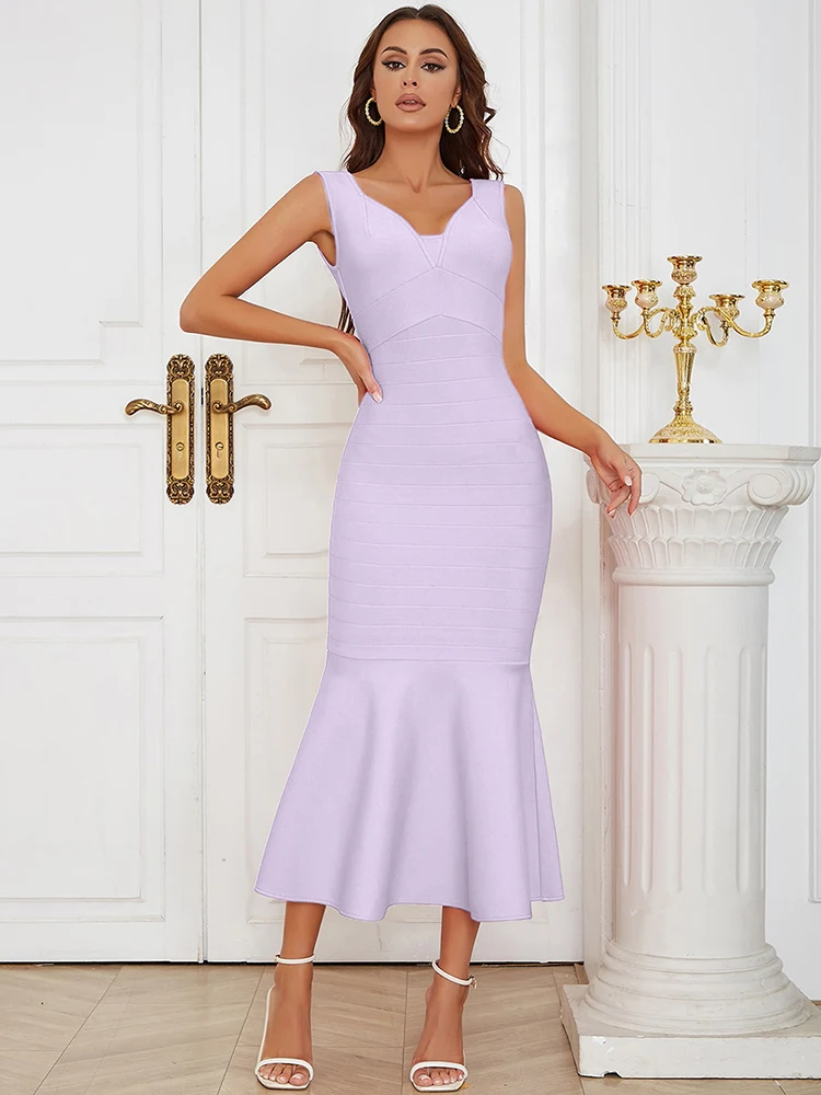 

Elegant Summer Sleeveless V Neck Women Mermaid Bandage Dresses Sexy Backless Bodycon Celebrity Evening Club Party Maxi Dress