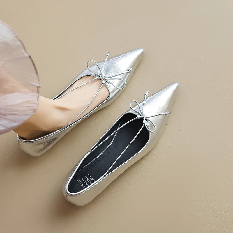 

2024 new spring women pumps natural leather shoes 22-24.5cm cowhide+sheepskin+pigskin Pointed toe tie bow shoes women