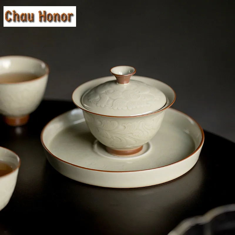 Honey-glazed Bearing Dry Bubble Table Household Porcelain Fruit Plate Celadon Teapot Tray Retro Kung Fu Pot Holder Tea Ceremony