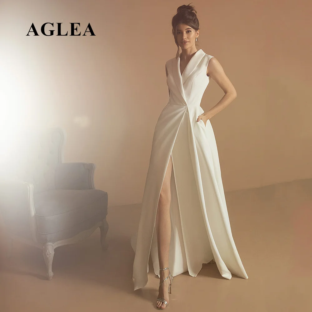 

Fashion Floor Length White Wedding Dresses A-Line Sleeveless Pleats V-Neck Slit High Quality Jersey Bridal Gowns with Pockets