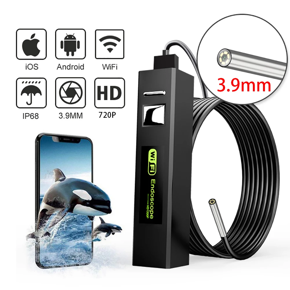3.9mm 720p   Rigid Cable WIFI Endoscope Water-proof IP66 CMOS Borescope Inspection Digital Microscope Camera Otoscope 2mp 1200p semi rigid cable wifi endoscope water proof ip66 inspection otoscope camera wireless digital microscope cmos borescope