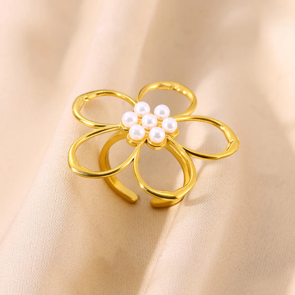 Stainless Steel Big Flower Pearl Rings For Women