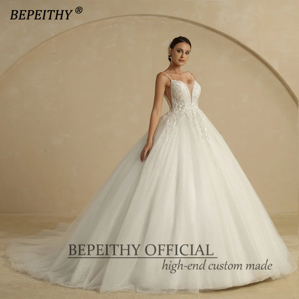 BEPEITHY Customized Luxury Wedding Dresses For Women Spaghetti Straps V Neck Court Train Glitter Bride Beading Bridal Ball Gown 5