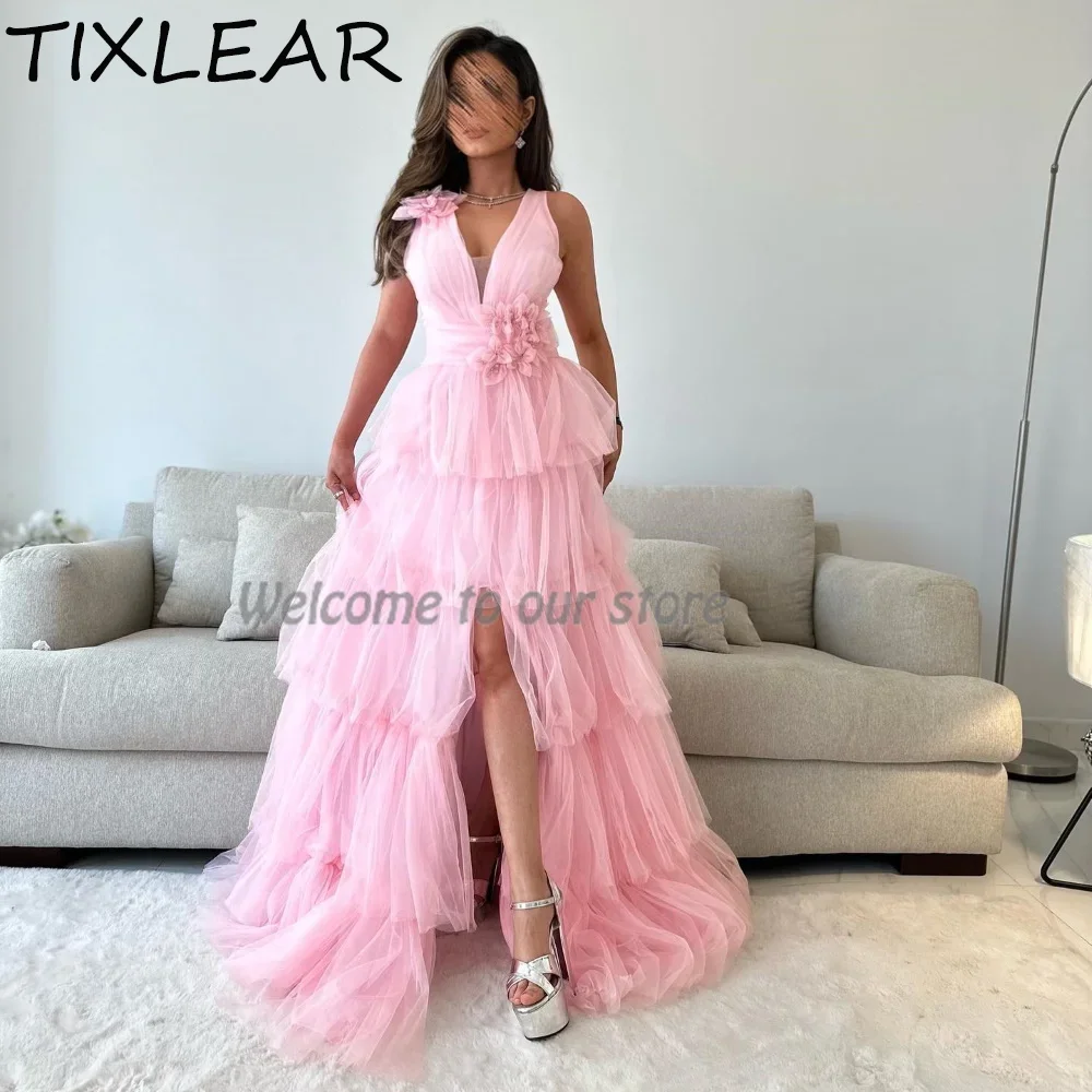 

TIXLEAR A-line Party Dresses 2024 Stunning Evening Dresses V-Neck Sparkling 3D Flowers Tulle Floor-Length vestidos de fiesta