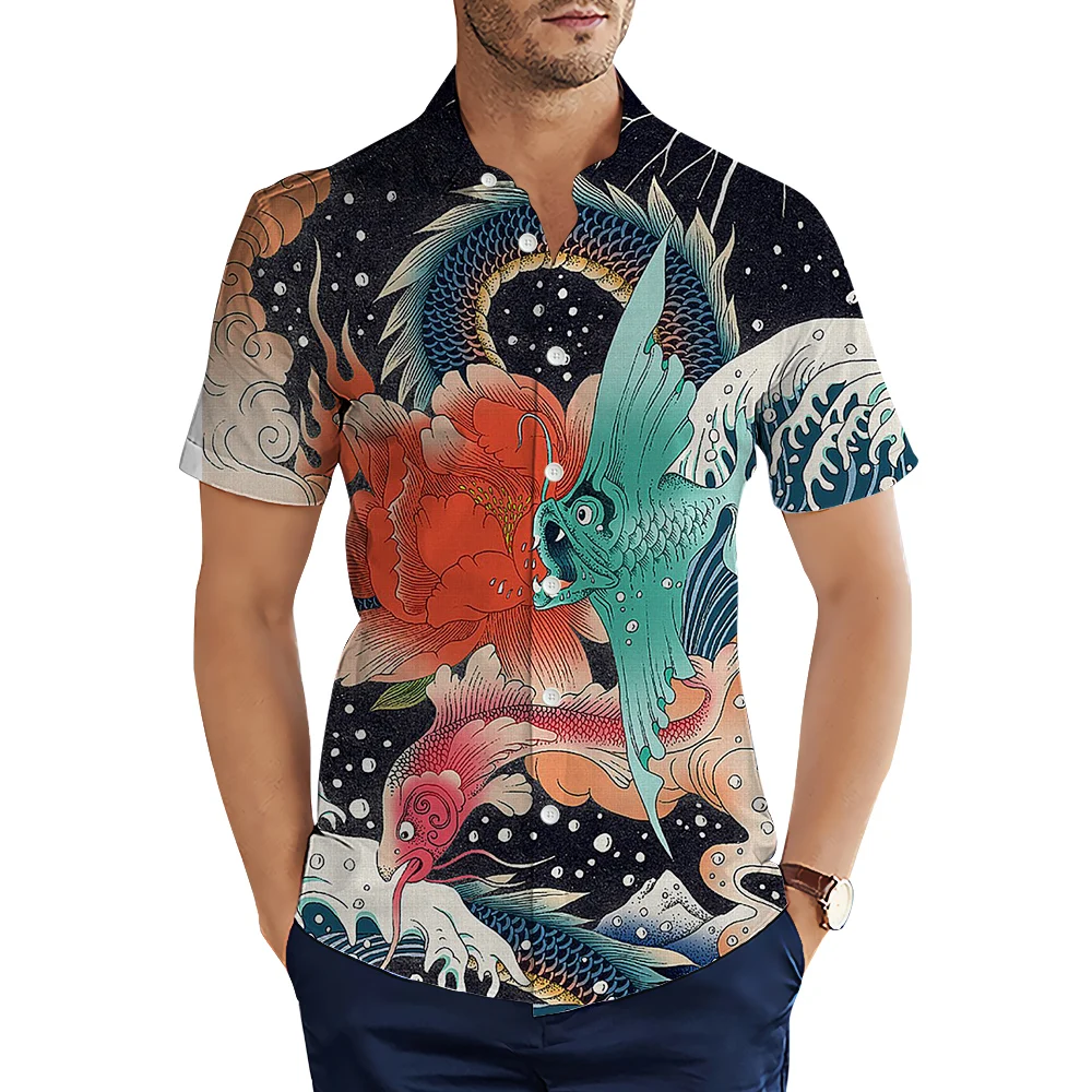 

HX Ukiyo-e Mens Shirts Japan Famous Painting Sea Wave Dragon Fish 3D Printed Casual Shirt Summer Short Sleeve Tops Camisas