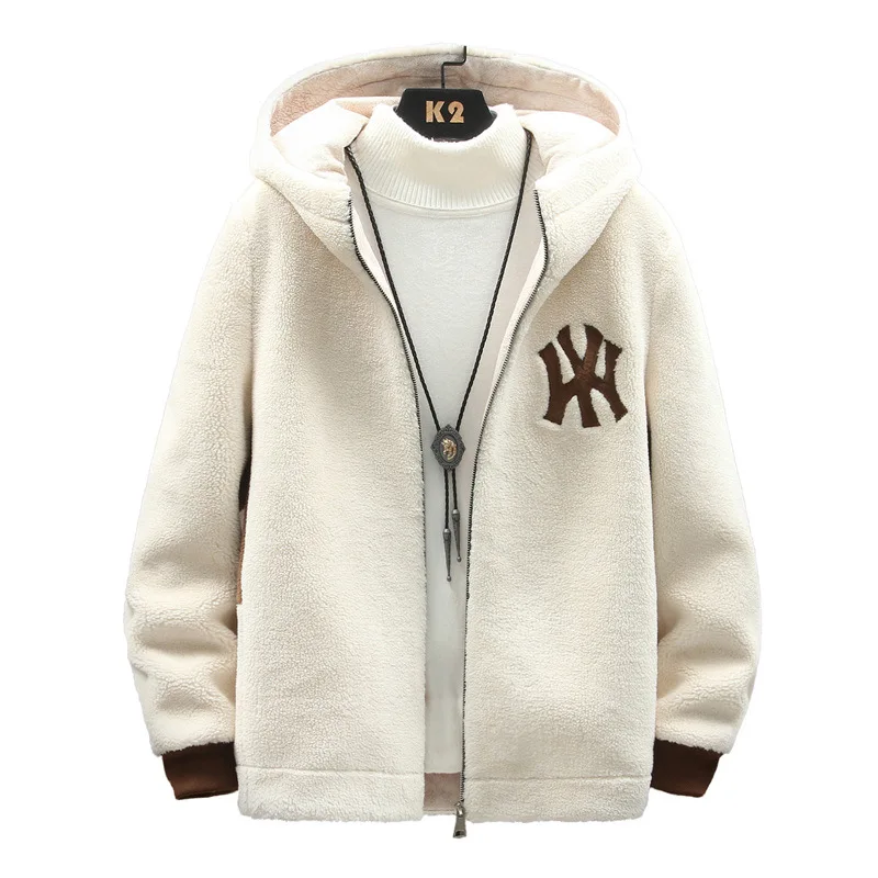 Men's  Embroidery Logo High-grade Cashmere Color Matching Casual Hooded Zipper Fashion Warm Winter Thick Jacket