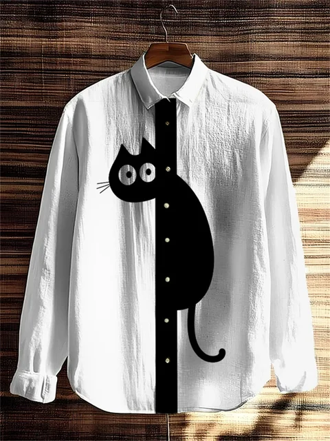 New Men's Long Sleeve Shirt Animal Cat 3D Printed Hawaiian Lapel Top Casual Comfortable Men's Shirt Top 1