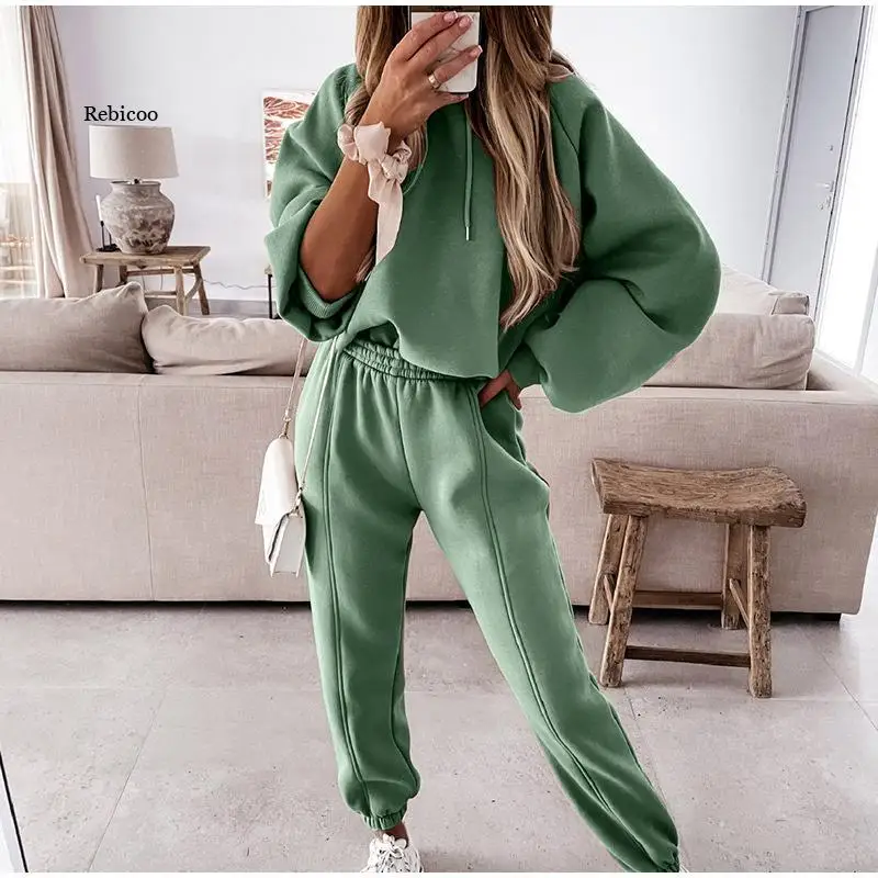 

2021 Winter New Women's Clothing Plus Velvet Warm 2 Two-piece Sports Set Hooded Sweater Trousers Suit Casual Pants Set