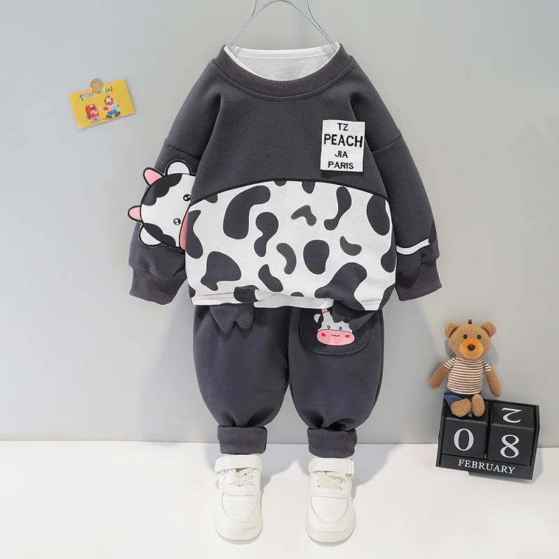 Baby boy cotton two-piece suit boy girl plus velvet warmth cartoon bear cute baby suit baby clothes cartoon t-shirt kid