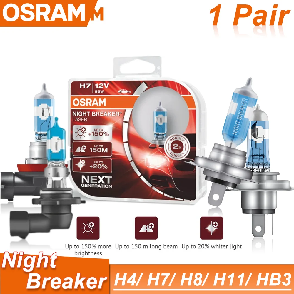 

OSRAM Ночной выключатель лазер H4 H7 H8 H11 9003 9005 9006 HB2 HB3 HB4 галогенные + 150% следующего поколения 12 в яркие автомобильные лампы, пара