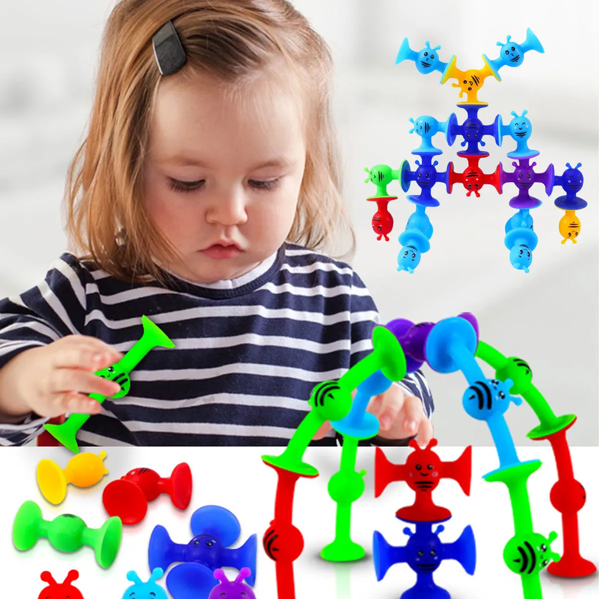 Plastic Bee Building Blocks 19Pcs Plastic Bee Building Blocks Suction Cup Puzzle Games DIY Stress Relief Sensory Educational Parent-child Interactive Toys