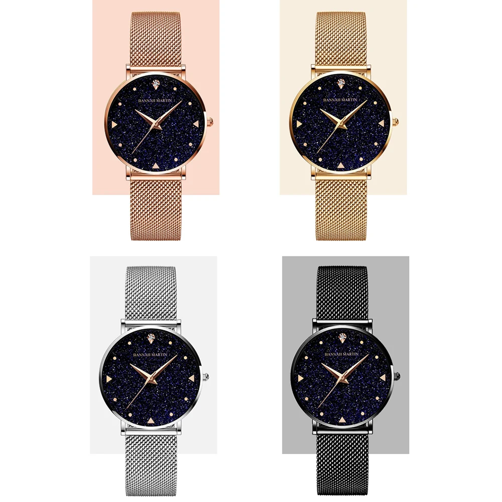 HANNAH MARTIN Brand Fashion Women Watch Luxury Rhinestone Starry Sky Dial Ladies Waterproof Stainless Steel Strap Couple Watch 4