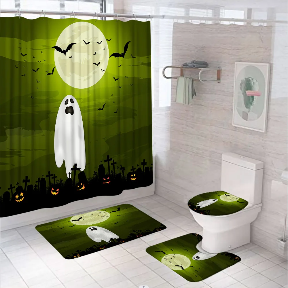 

Halloween White Ghost Shower Curtains for Bathroom Sets Horror Cemetery Pumpkin Head Spooky Bat Bath Mats Rug Toilet Seat Cover