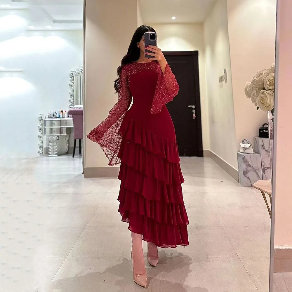 

Msikoods Burgundy Chiffon Evening Dresses 2024 O Neck Tiered Sequineds Pleat Muslim Women Special Occasion Gowns Prom Dresses