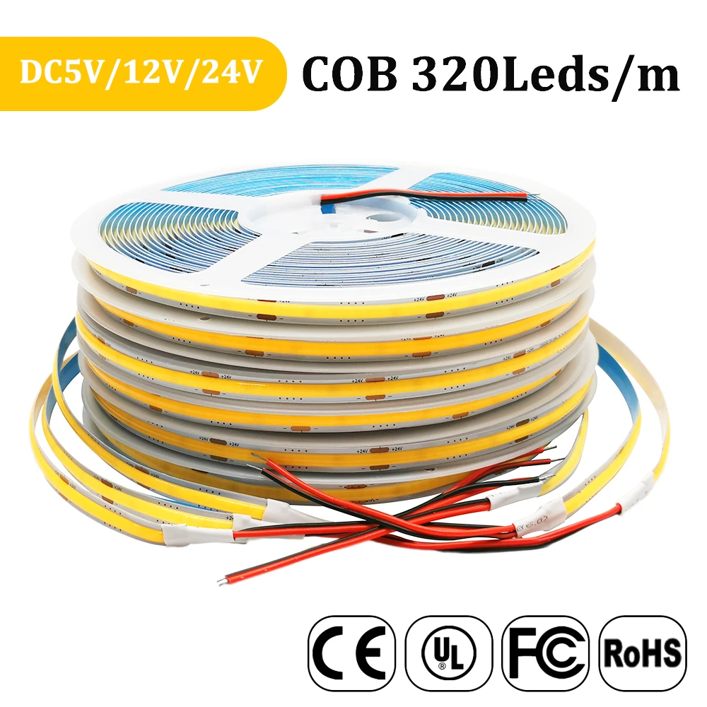 DC12V 24V 8mm FOB COB Led Light Strip 320/480 Pixels/M High Density Flexible Linear Dimmable 10m/Roll Warm Nature Cool White