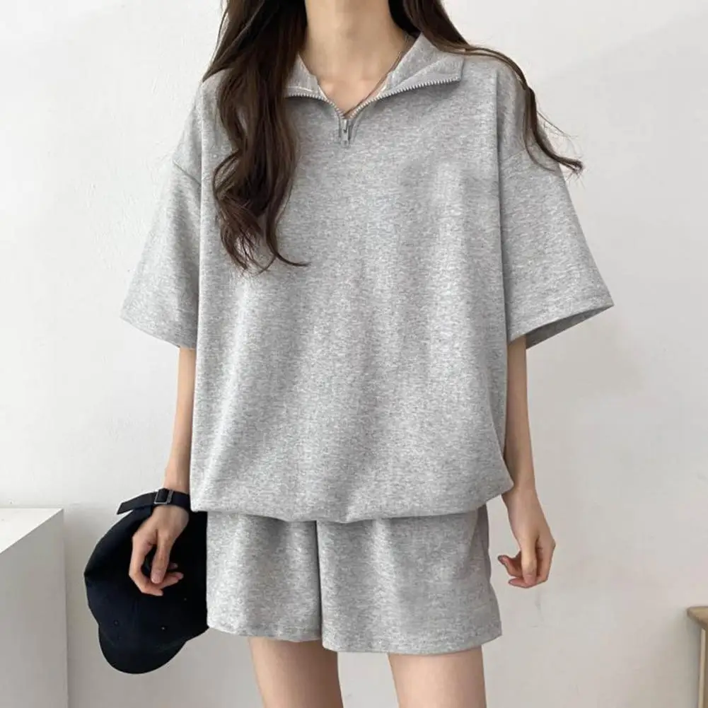 Women Tracksuit Set Summer Tracksuit Loose Solid Color Sweatshirt Shorts Set Pockets Elastic Waist Zipper Collar Tracksuit