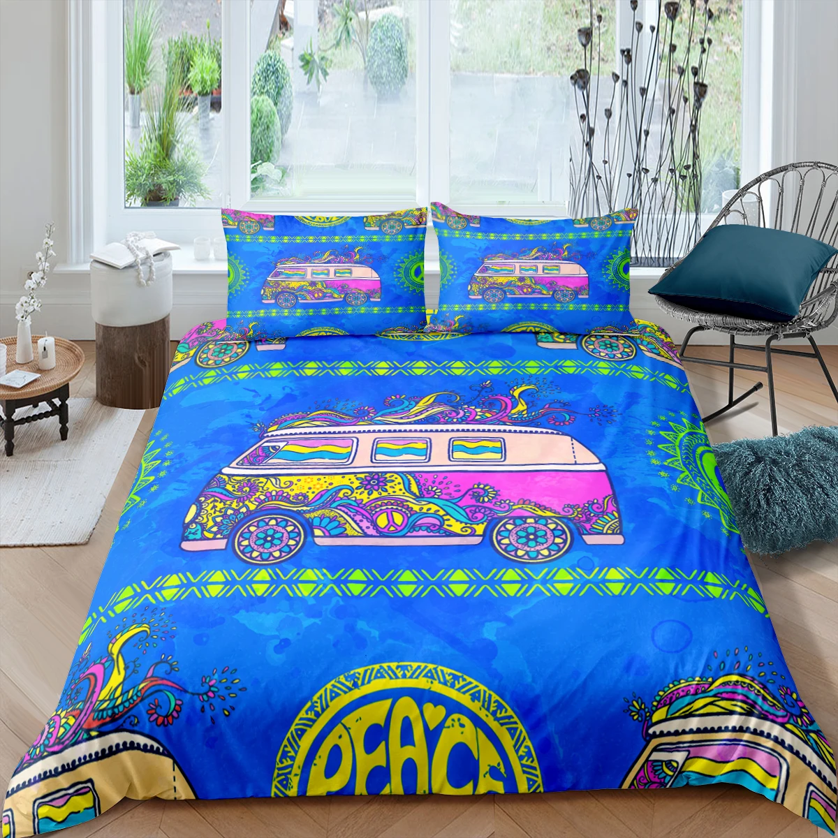 Home Textiles Luxury 3D Peace&Love Hippie Duvet Cover Set Pillowcase Kids Bedding Set AU/EU/UK/US Queen and King Size Bedding 