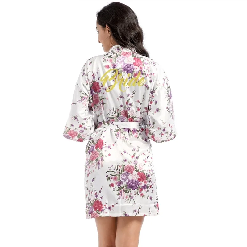 

Bridal Robes Floral Silk Robes for Bride Wedding Robes with Bronzing Writing Short Silk Kimono Dressing Gowns M-XXL