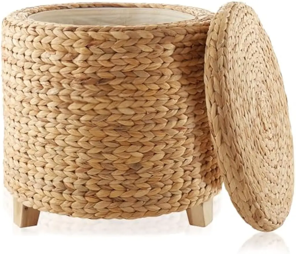 17" Round Storage Ottoman with Lid - Natural, Handwoven Water Hyacinth Footstool for Living Room, Bedroom, Bathroom, Home Office