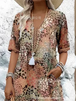 Vintage Midi Dresses For Women 2025 Boho Style Floral Print Loose Long Dress Casual Short Sleeve V-Neck Dress Robe Femme 1
