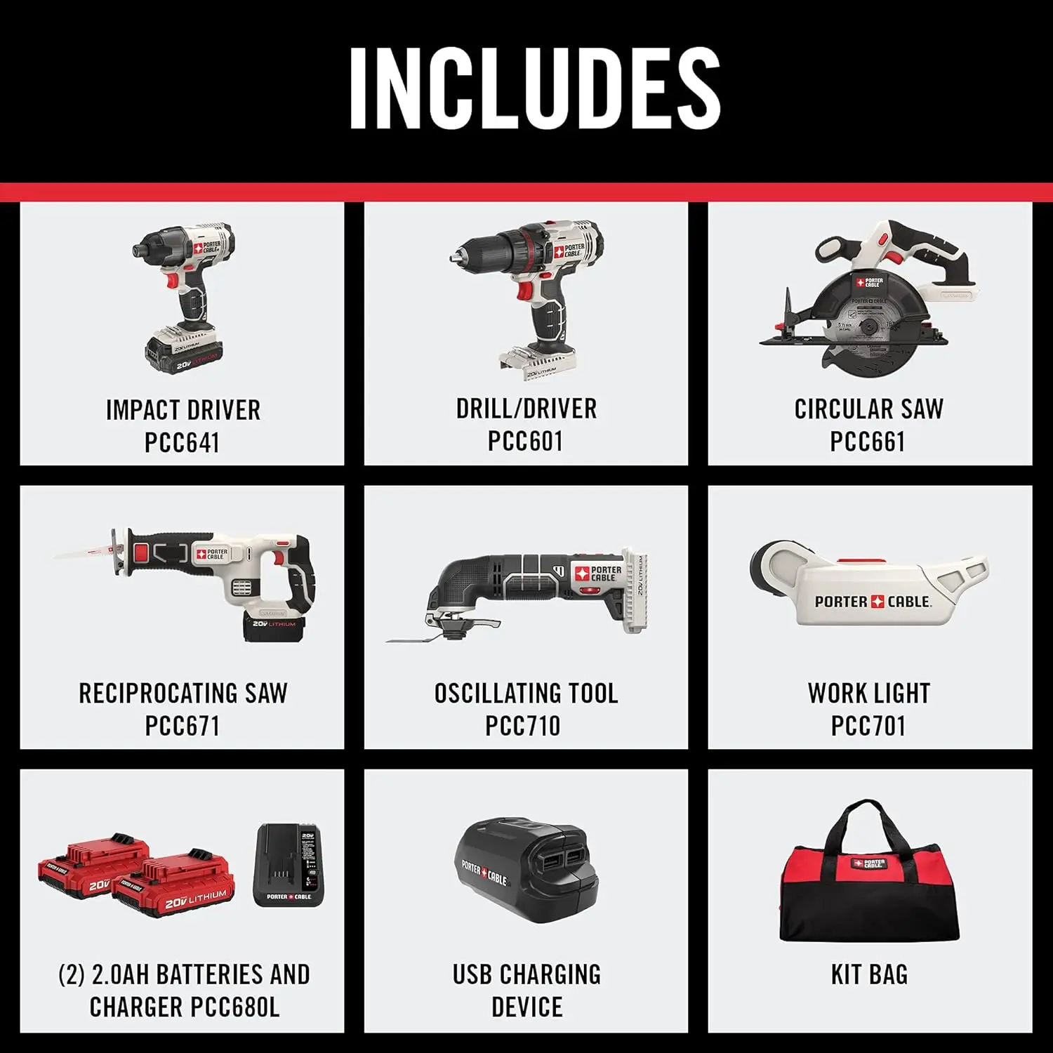 PORTER-CABLE PCCK617L6 20V MAX* Lithium Ion 6-Tool Combo Kit with Free USB Device 2