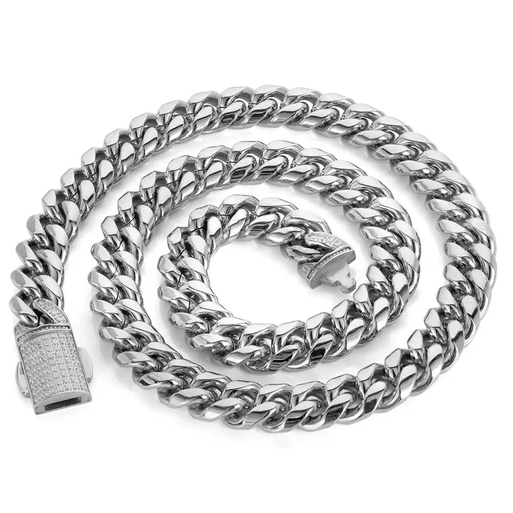 12mm Stainless Steel Miami Cuban Link Chain for Men Durable Gold Plated Solid Curb Cuban Necklace With Iced CZ Clasp
